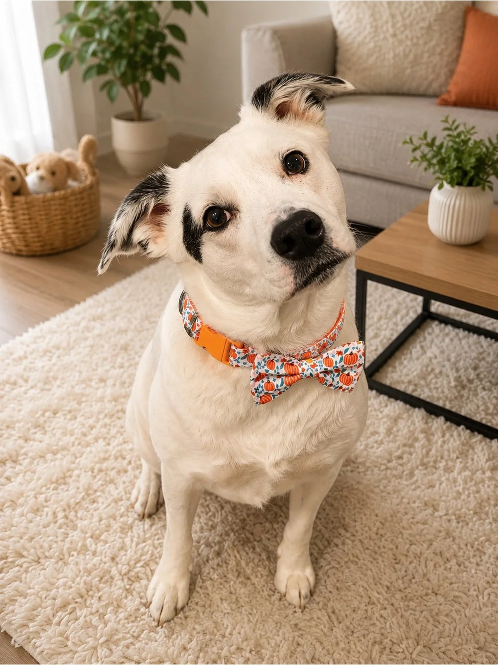 Pumpkin Print Pet Collar with Bow Tie - Orange & White
